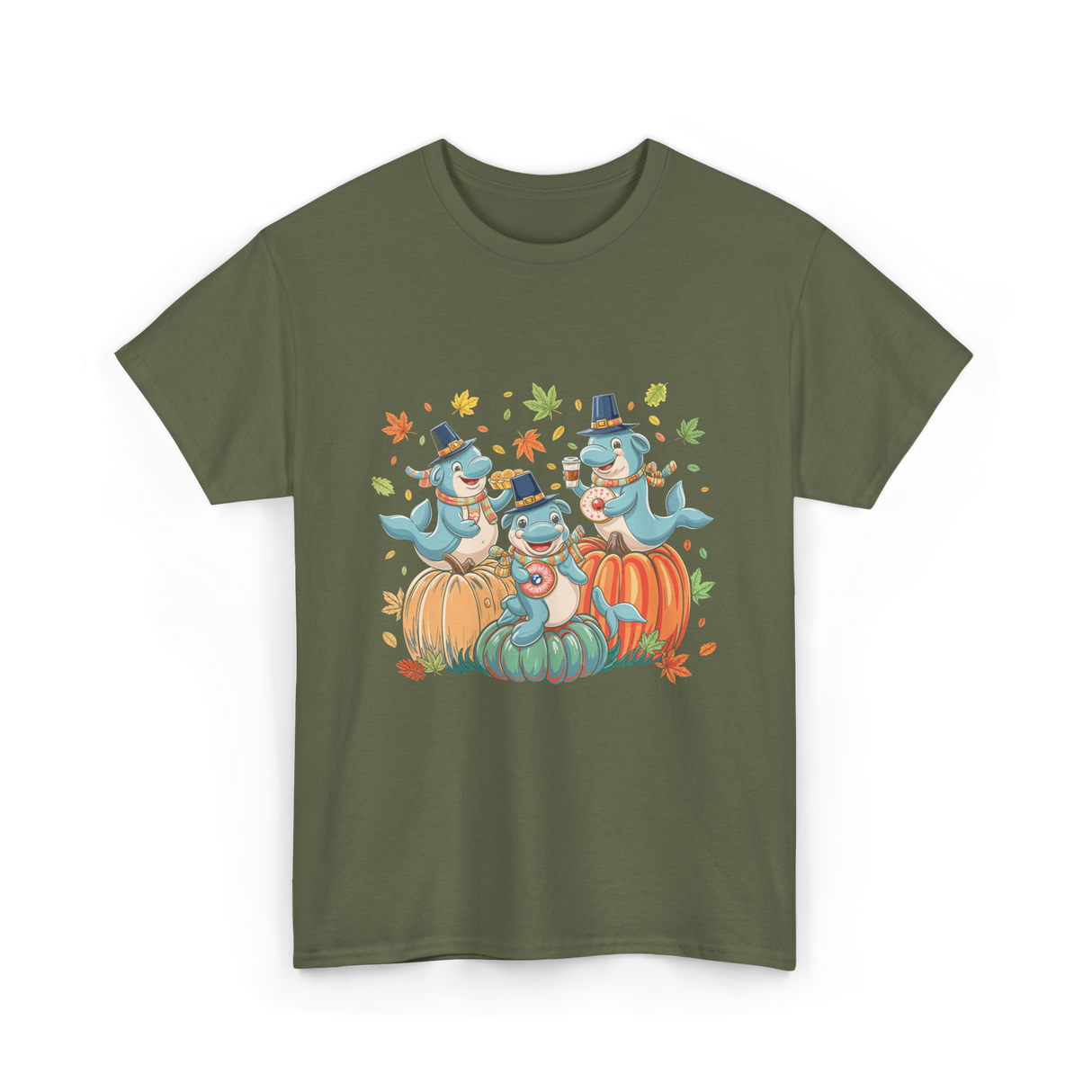 Thanksgiving Manatee Pumpkins Fall T-Shirt - Military Green