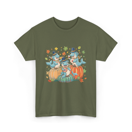 Thanksgiving Manatee Pumpkins Fall T-Shirt - Military Green