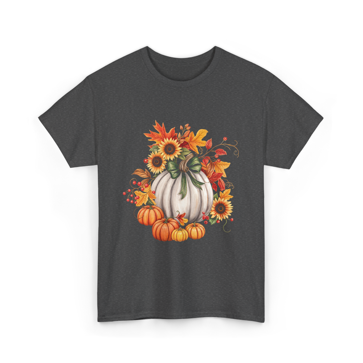 Thanksgiving Pumpkin Sunflower Autumn T-Shirt - Dark Heather