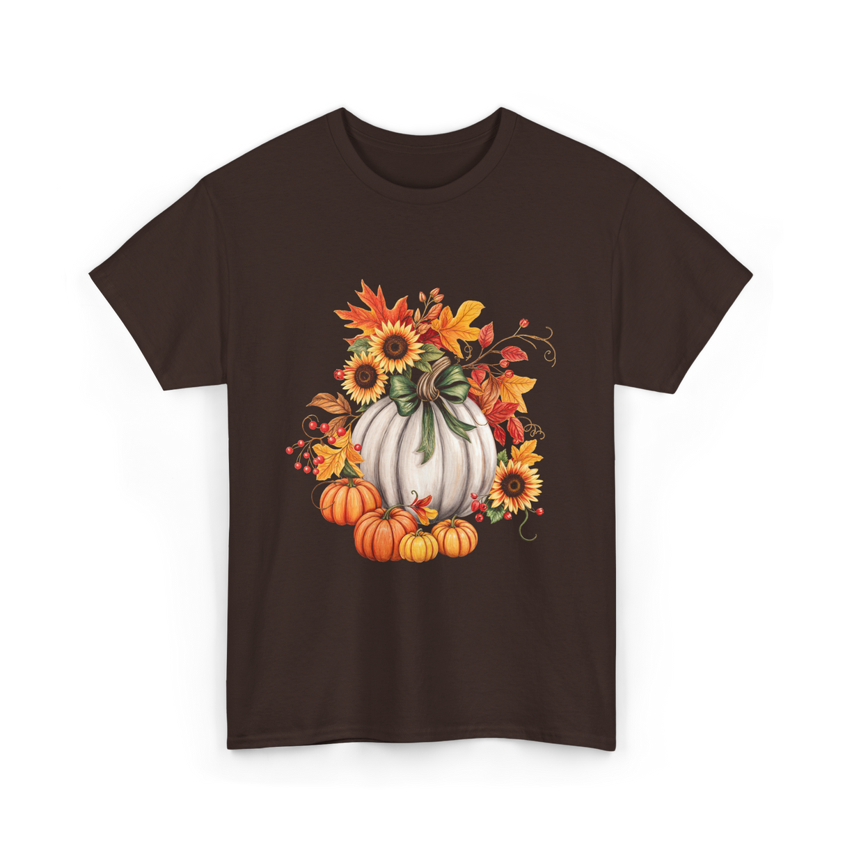 Thanksgiving Pumpkin Sunflower Autumn T-Shirt - Dark Chocolate