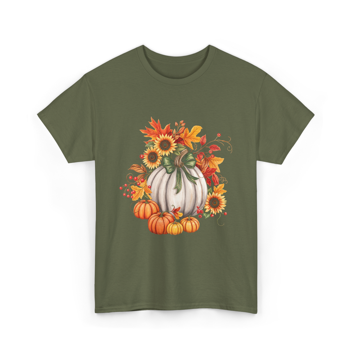 Thanksgiving Pumpkin Sunflower Autumn T-Shirt - Military Green