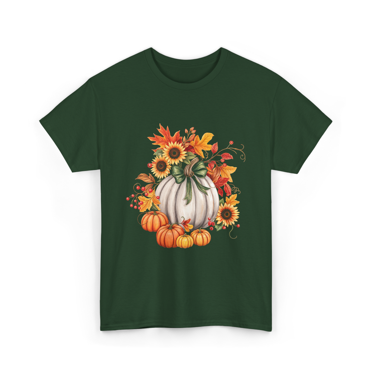 Thanksgiving Pumpkin Sunflower Autumn T-Shirt - Forest Green