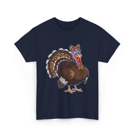 Thanksgiving Turkey Leopard Print Autumn T-Shirt - Navy