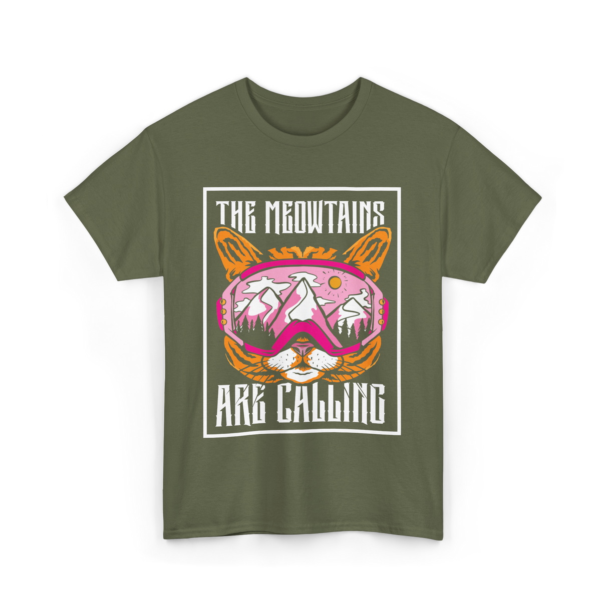 The Meowtains Are Calling Cat Skiing T-Shirt - Military Green