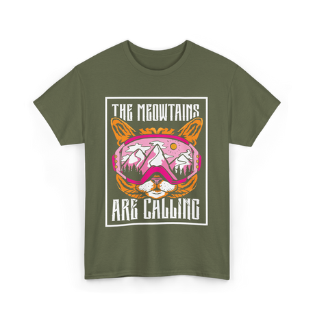 The Meowtains Are Calling Cat Skiing T-Shirt - Military Green