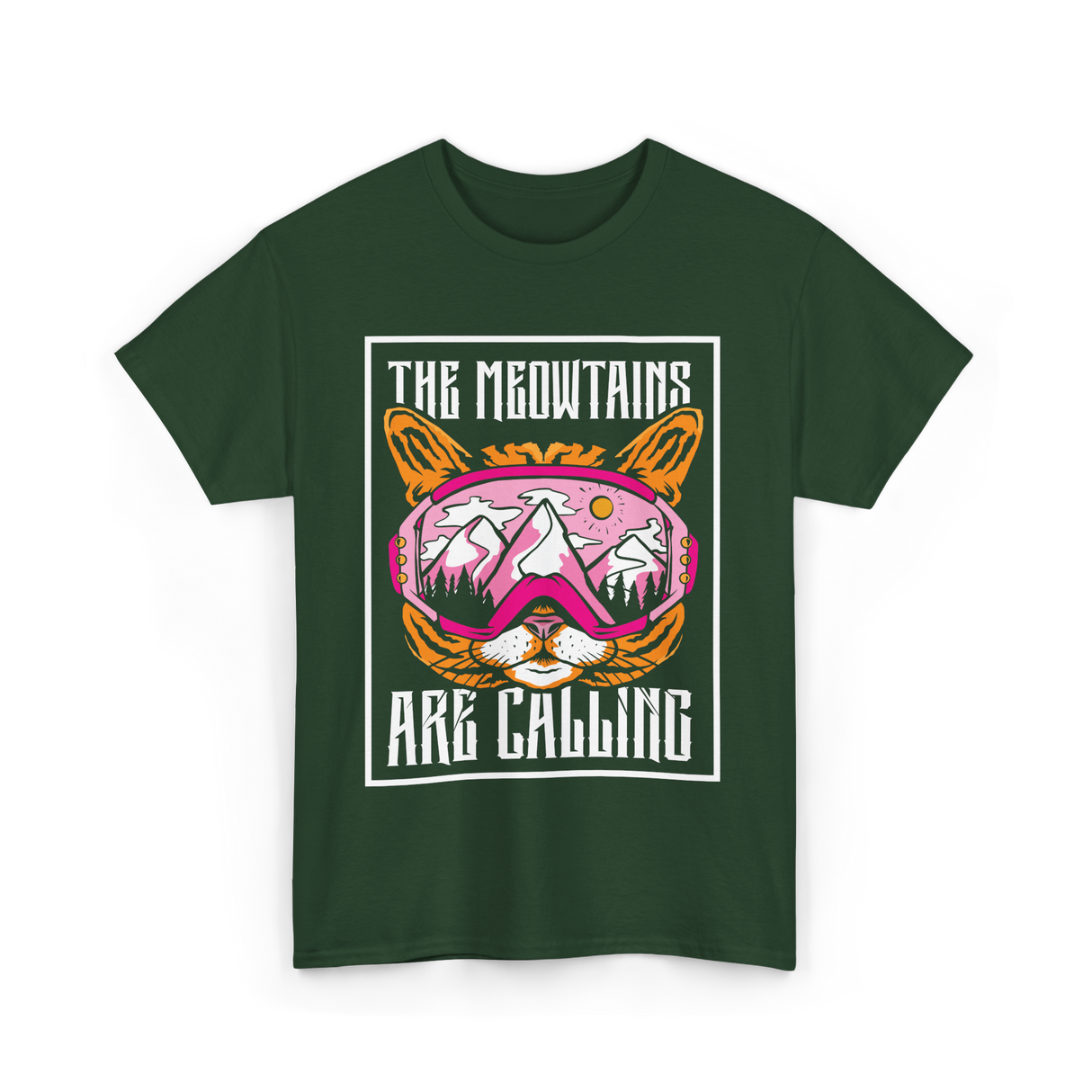 The Meowtains Are Calling Cat Skiing T-Shirt - Forest Green