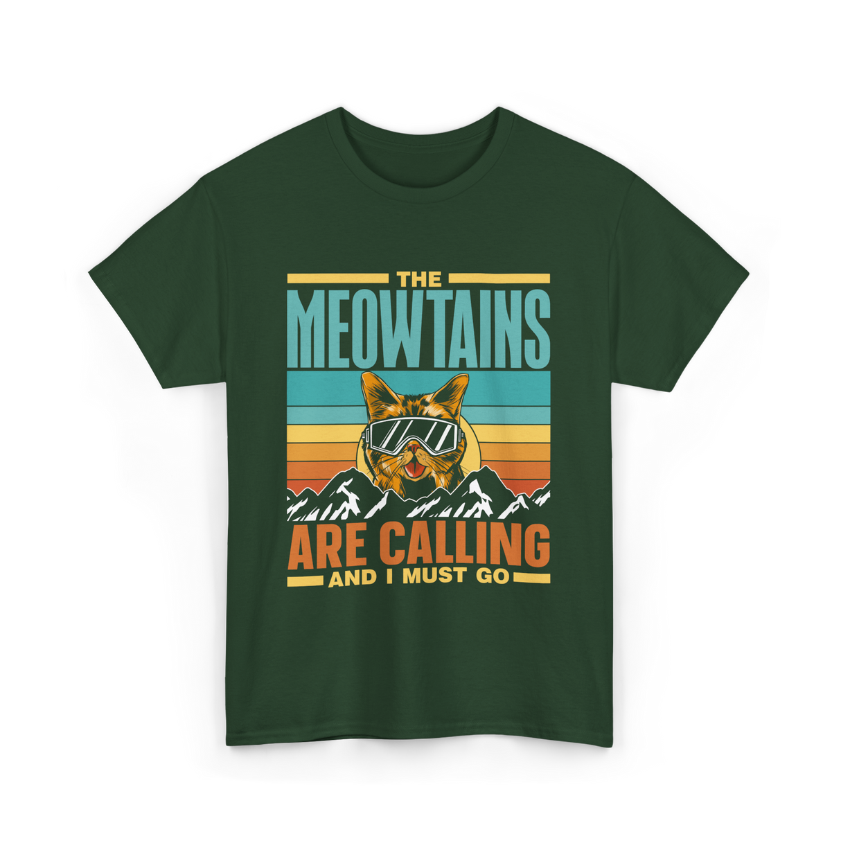 The Meowtains Are Calling Cat T-Shirt - Forest Green