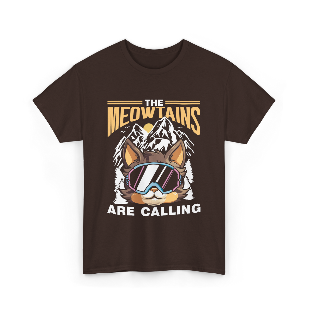 The Meowtains Are Calling Mountain Cat T-Shirt - Dark Chocolate