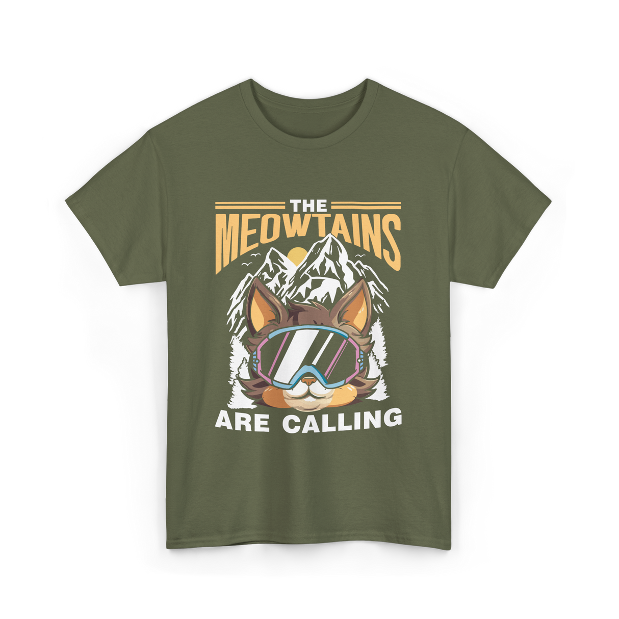 The Meowtains Are Calling Mountain Cat T-Shirt - Military Green