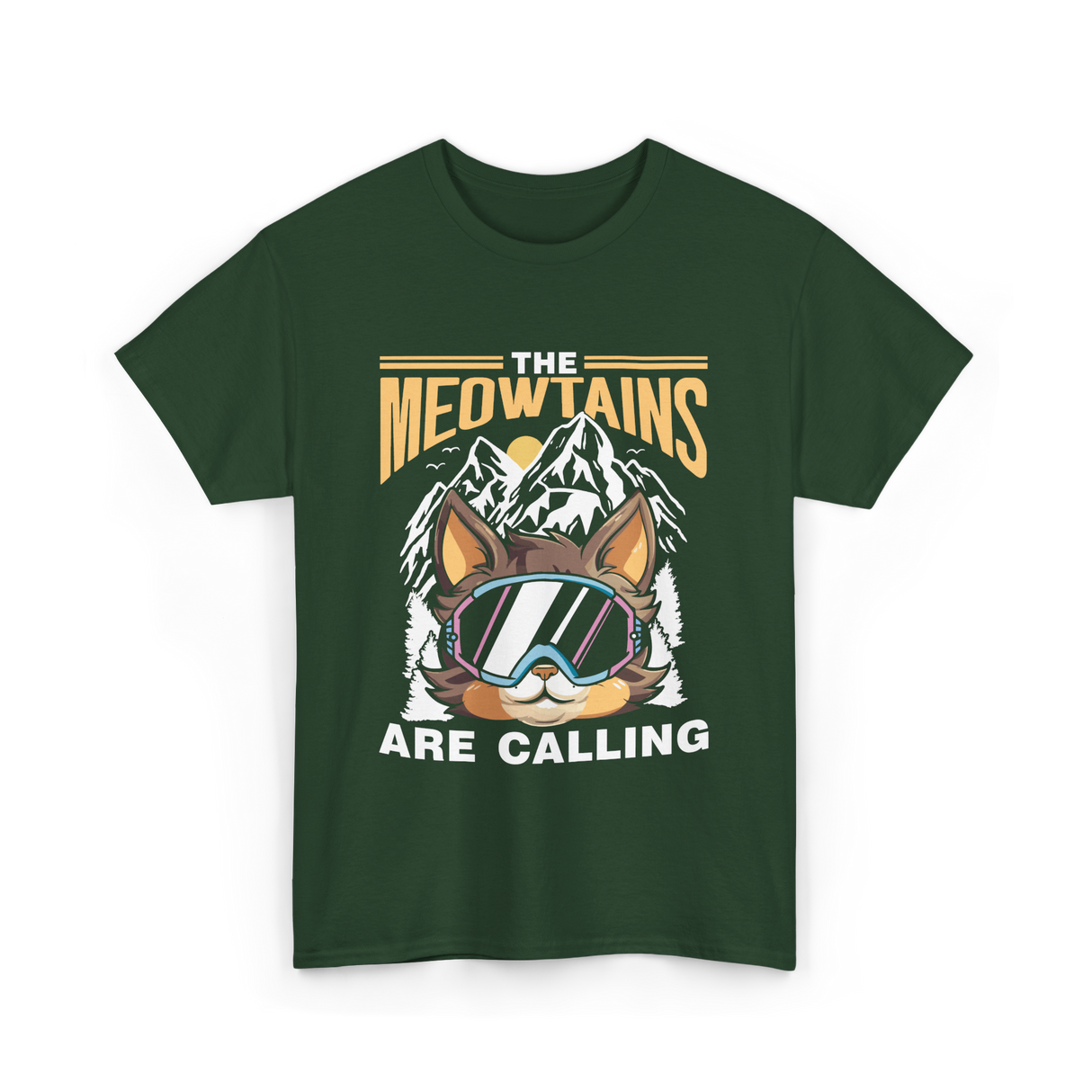 The Meowtains Are Calling Mountain Cat T-Shirt - Forest Green