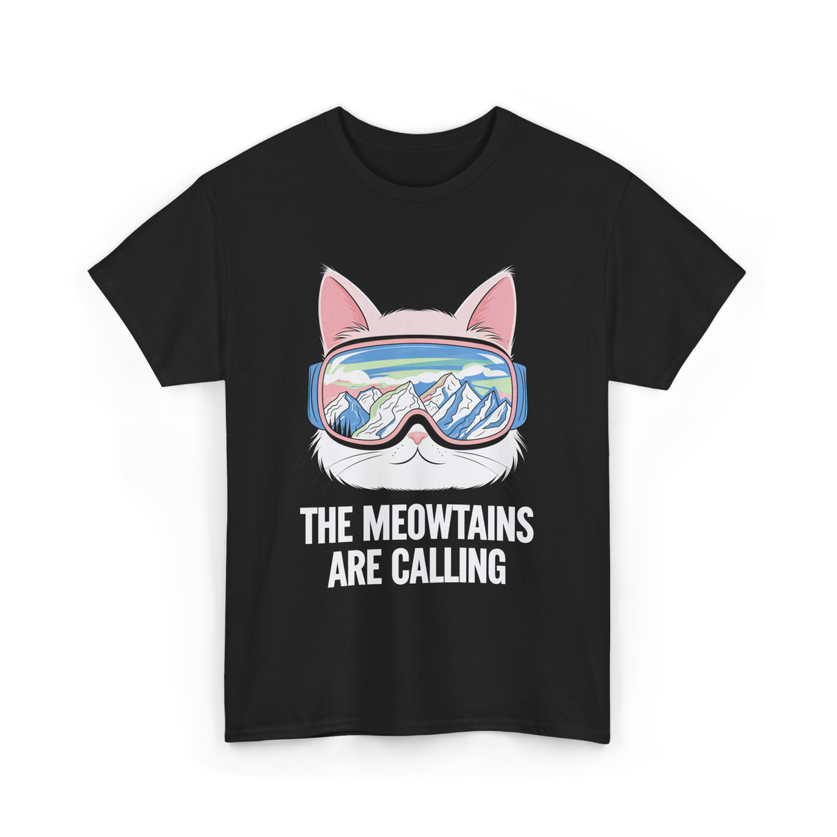 The Meowtains Are Calling Skiing Snowboarding T-Shirt - Black