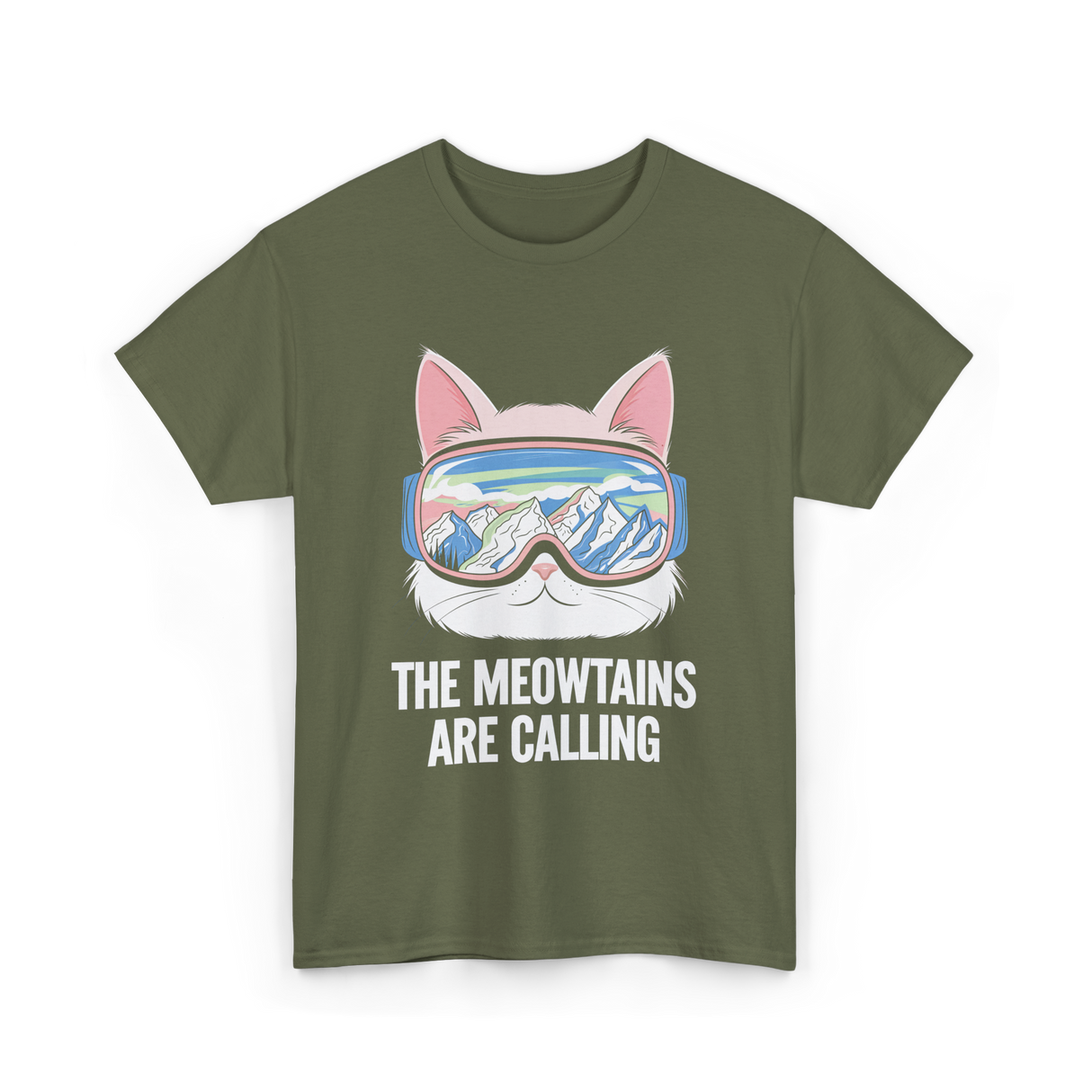 The Meowtains Are Calling Skiing Snowboarding T-Shirt - Military Green