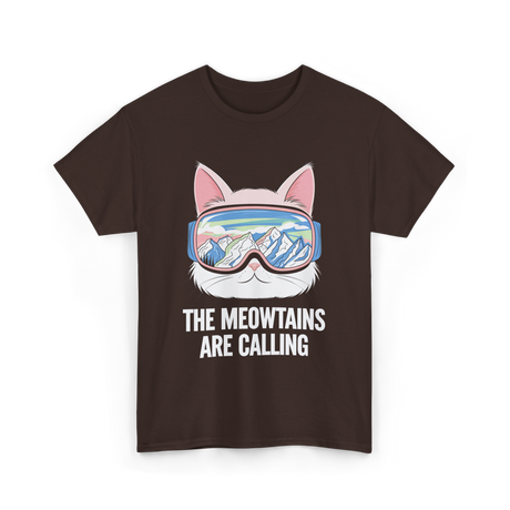 The Meowtains Are Calling Skiing Snowboarding T-Shirt - Dark Chocolate