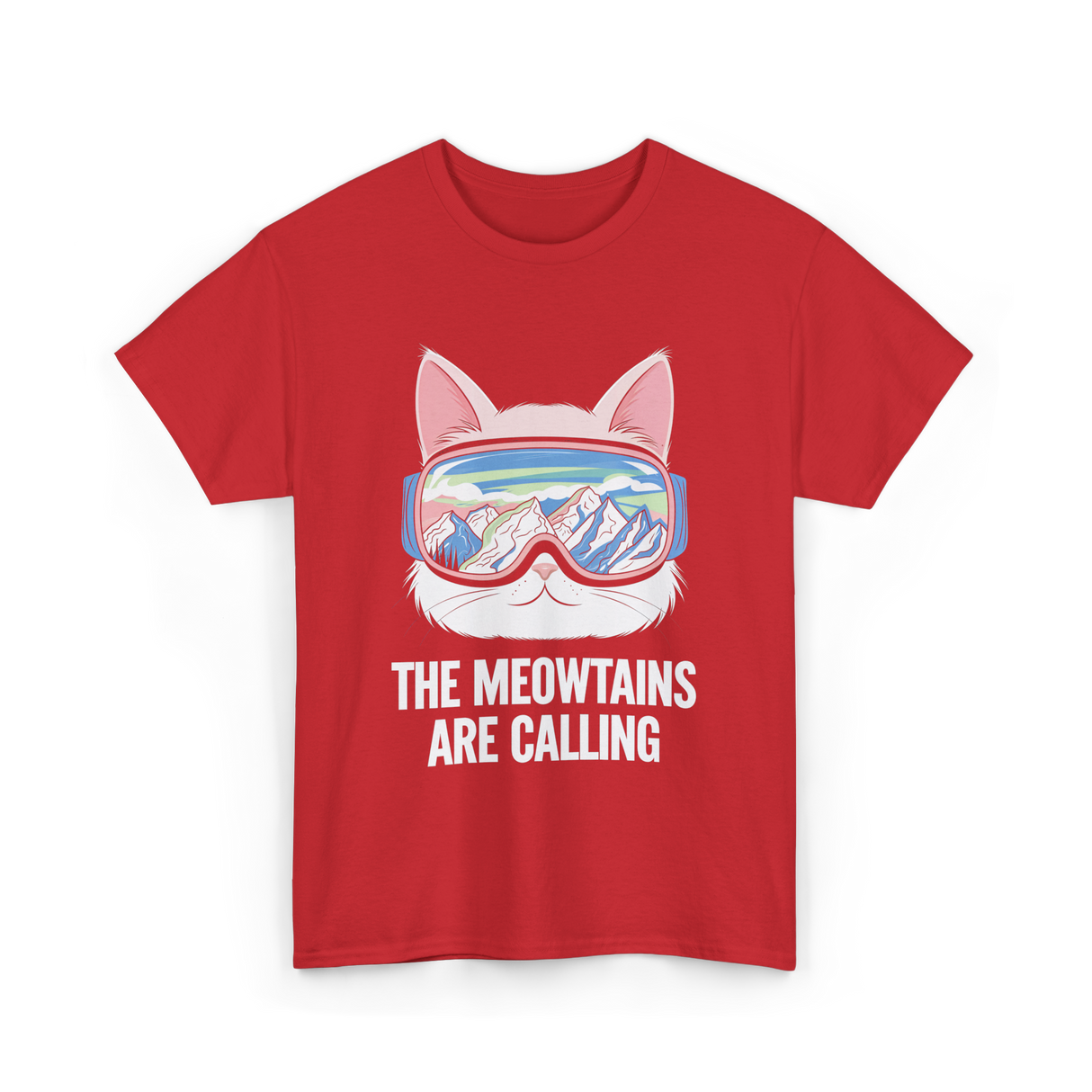 The Meowtains Are Calling Skiing Snowboarding T-Shirt - Red