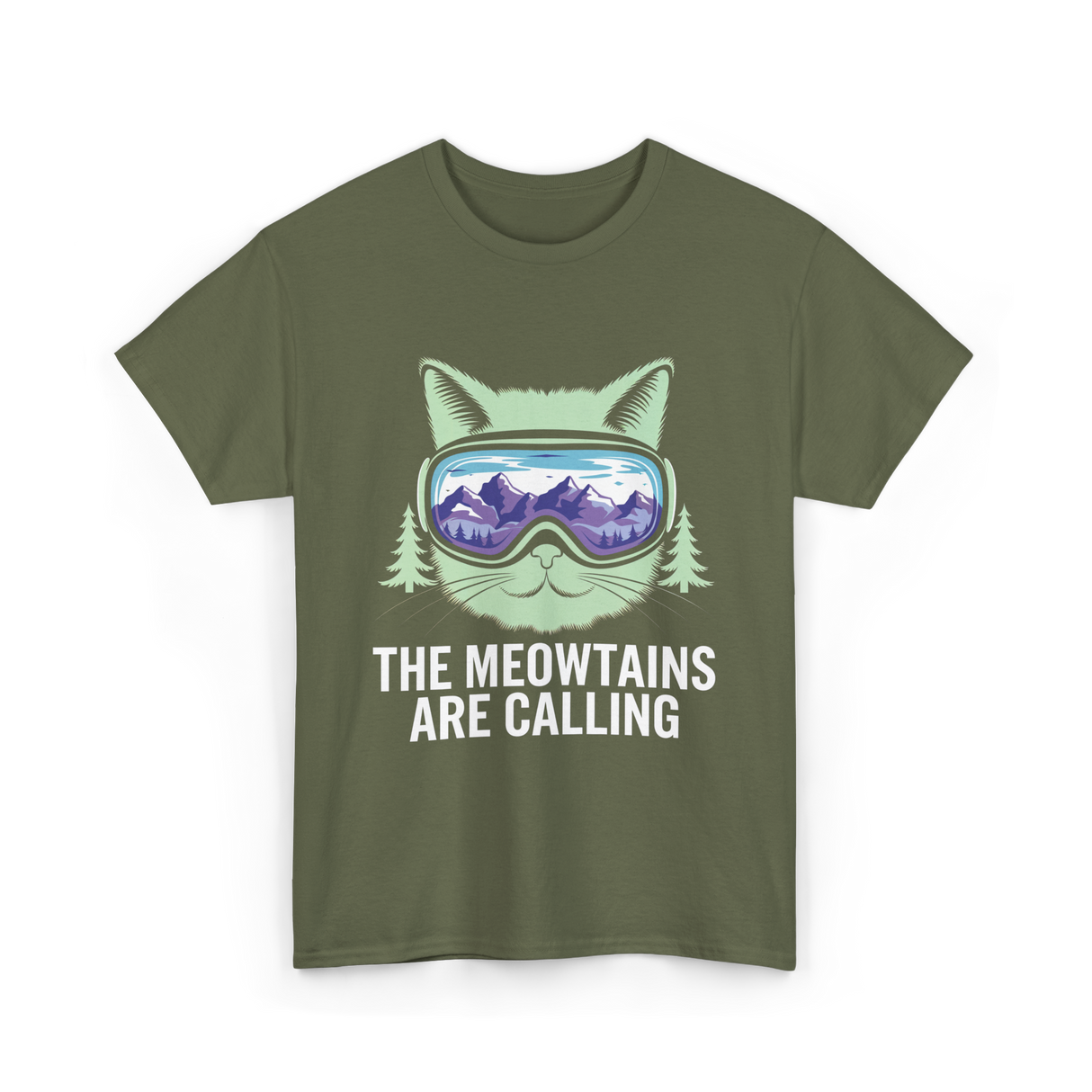 The Meowtains Are Calling Skiing T-Shirt - Military Green