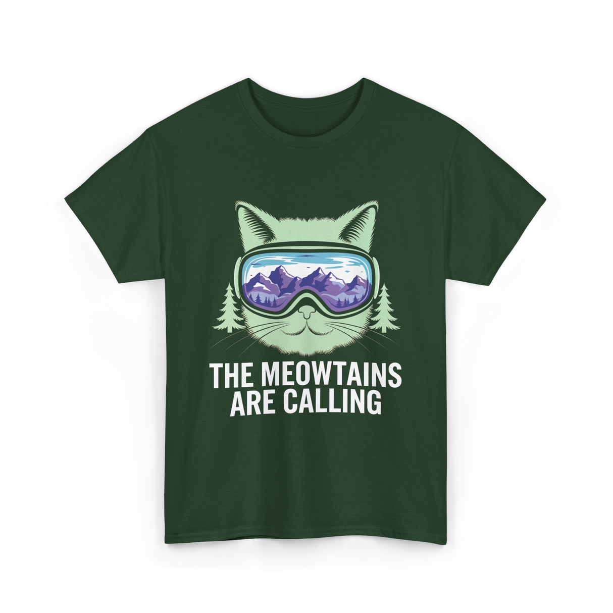 The Meowtains Are Calling Skiing T-Shirt - Forest Green