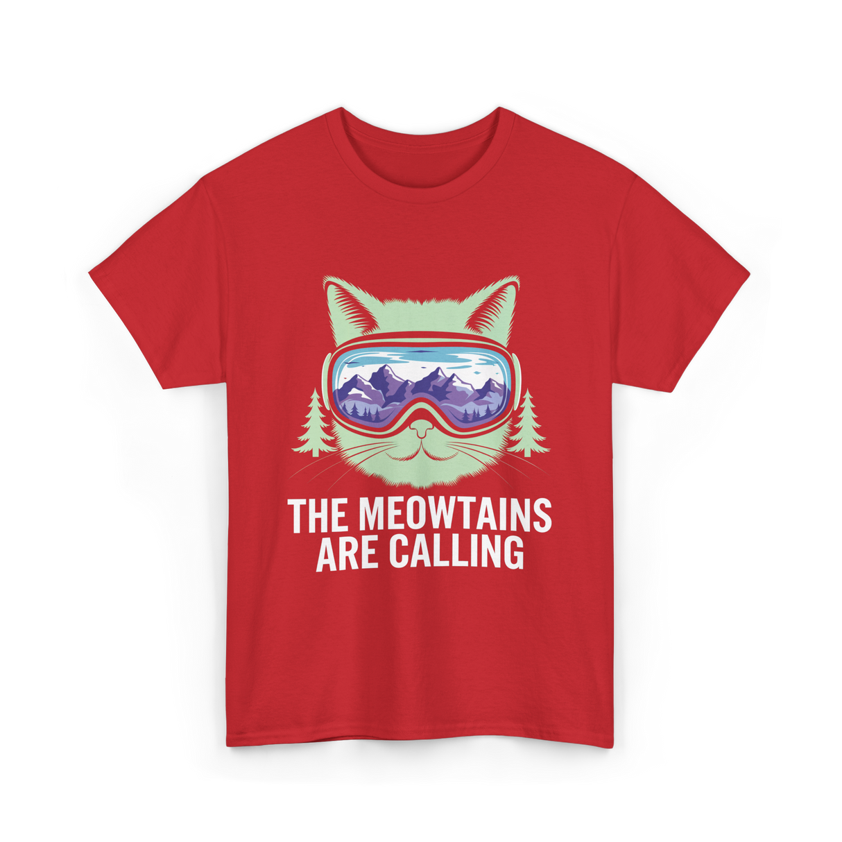 The Meowtains Are Calling Skiing T-Shirt - Red