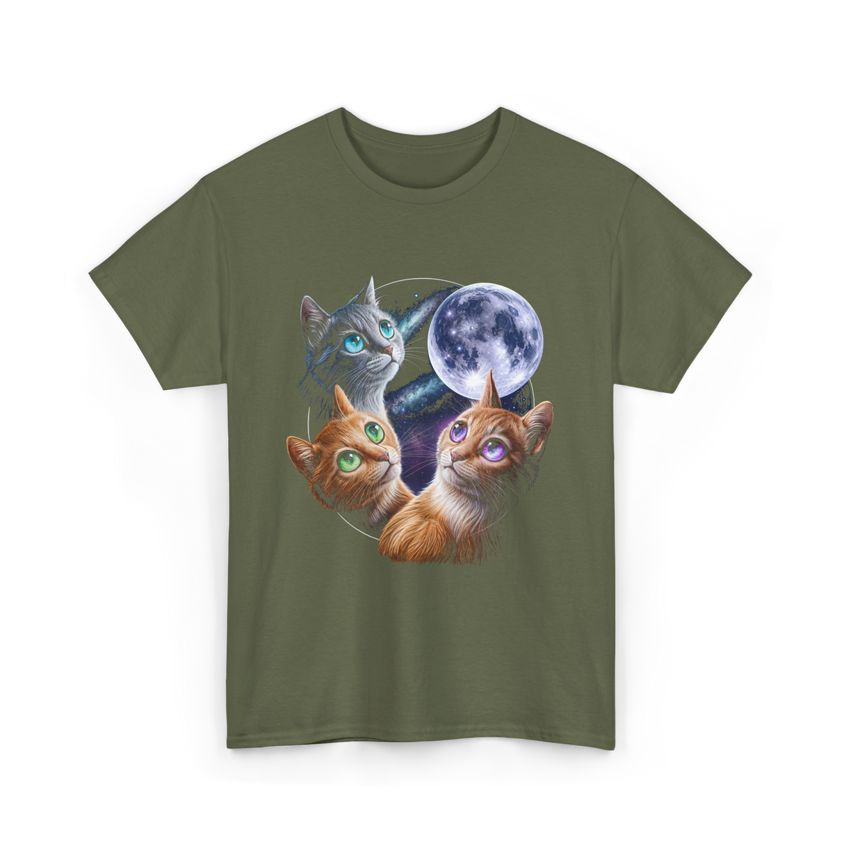 Three Cats Moon Cat T-Shirt - Military Green