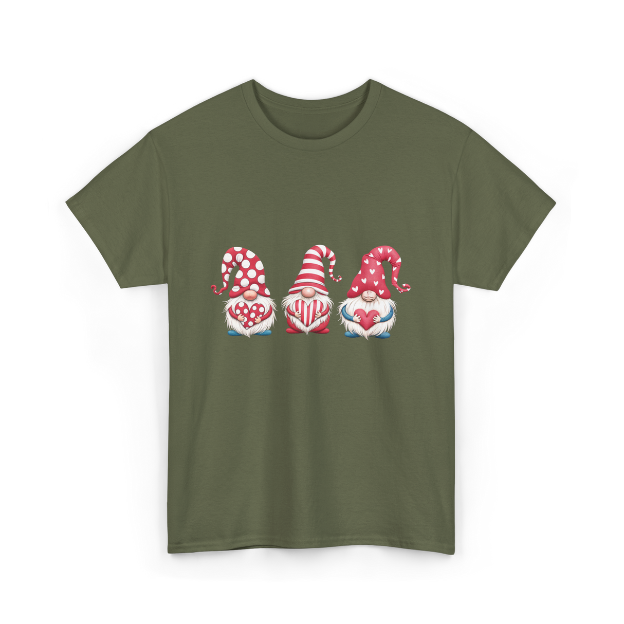 Three Gnomes Holding Heart Gnomes T-Shirt - Military Green