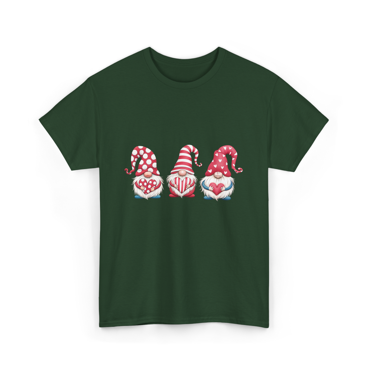 Three Gnomes Holding Heart Gnomes T-Shirt - Forest Green