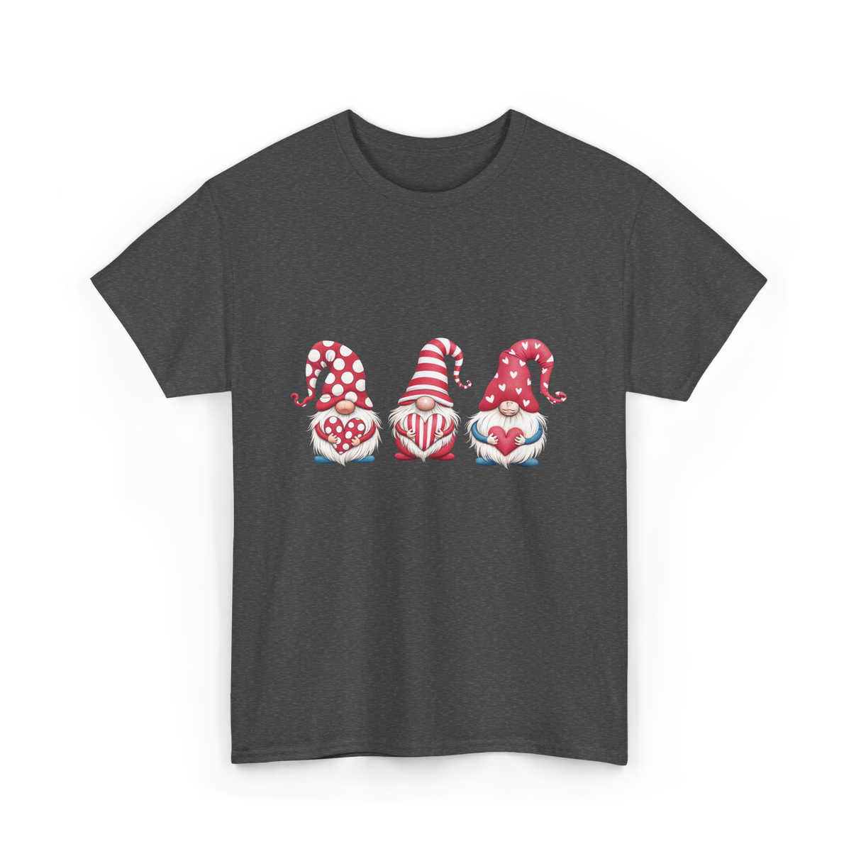 Three Gnomes Holding Heart Gnomes T-Shirt - Dark Heather