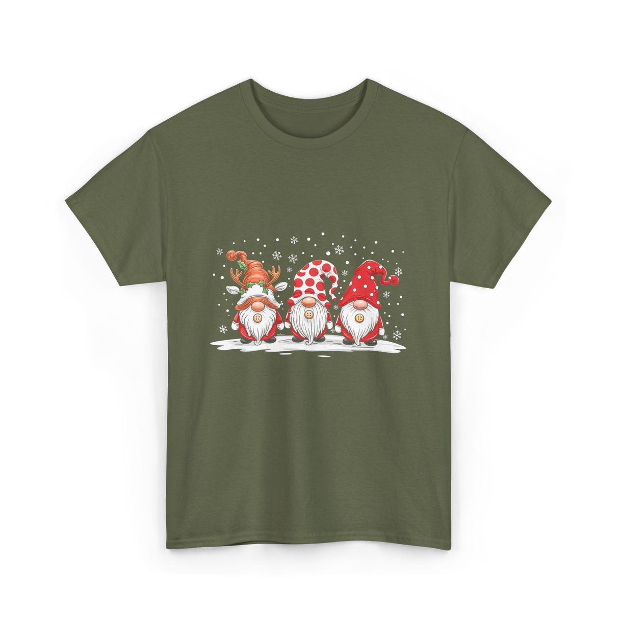 Three Gnomes Winter Christmas T-Shirt - Military Green