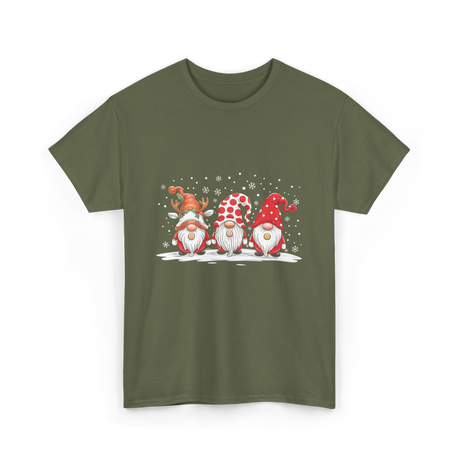 Three Gnomes Winter Christmas T-Shirt - Military Green