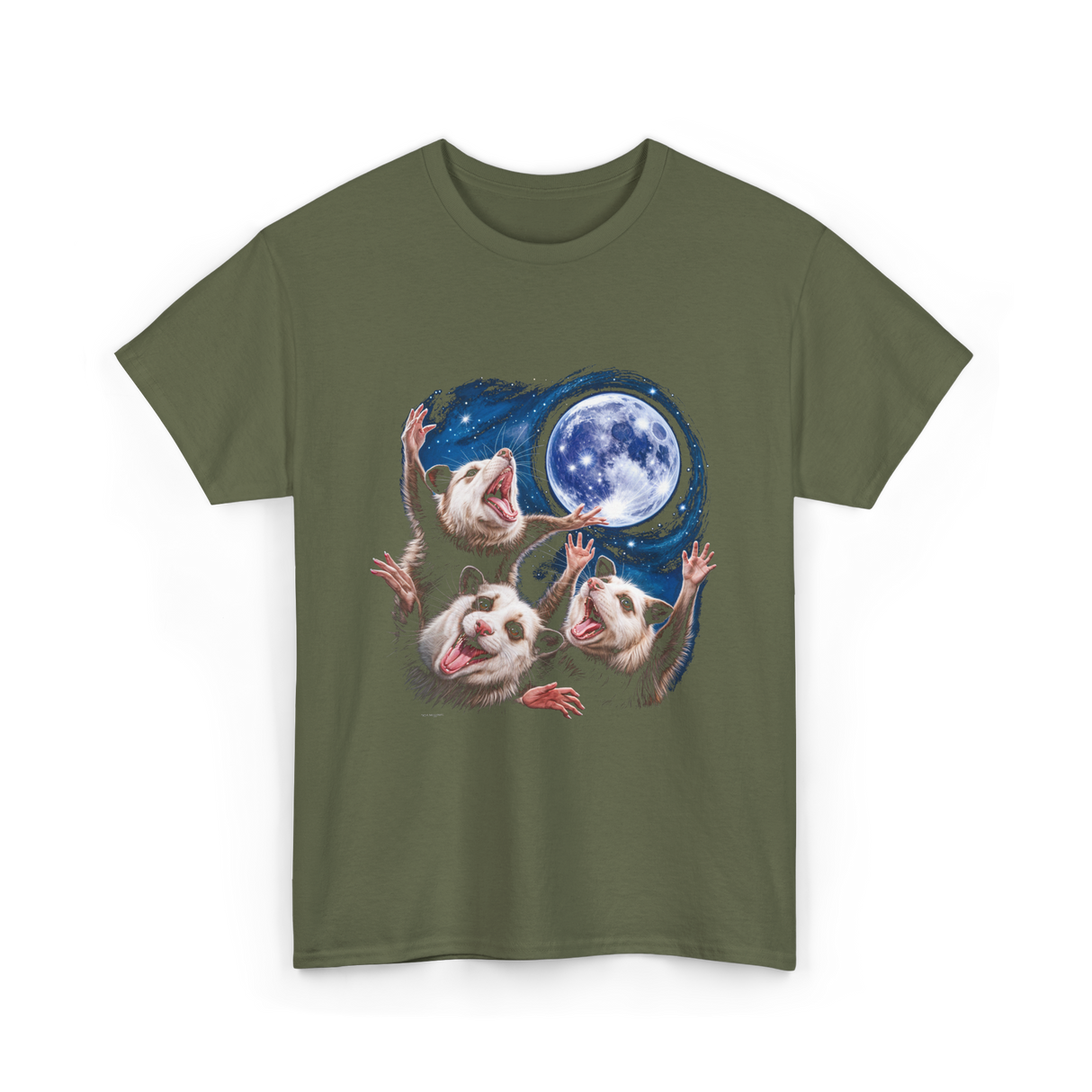 Three Possums Moon Opossum T-Shirt - Military Green