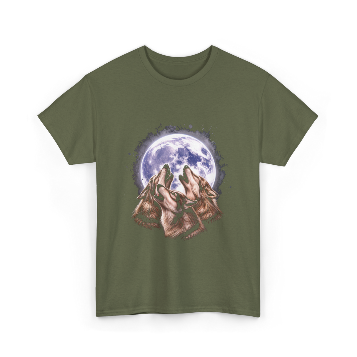 Three Wolves Howling Wolf T-Shirt - Military Green