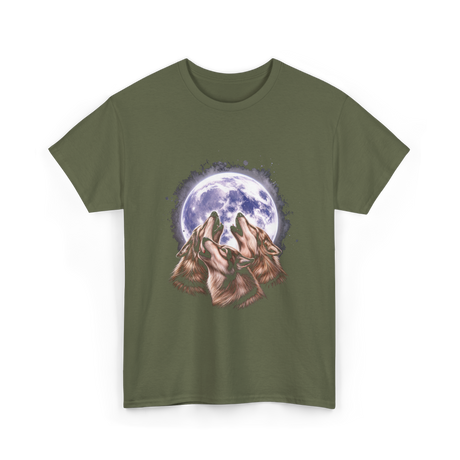 Three Wolves Howling Wolf T-Shirt - Military Green