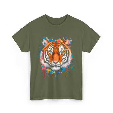 Tiger Artwork Colorful Animal Art T-Shirt - Military Green