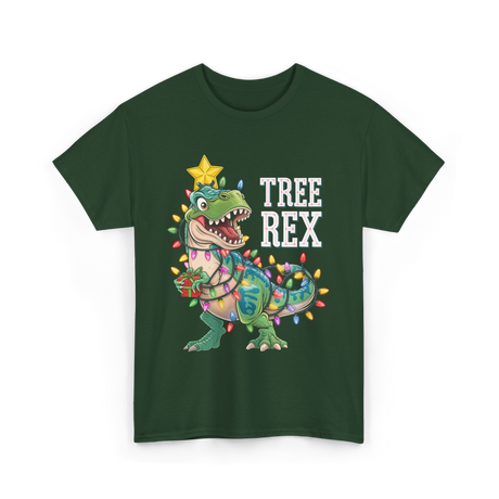 Tree Rex Dinosaur Christmas Lights T-Shirt - Forest Green