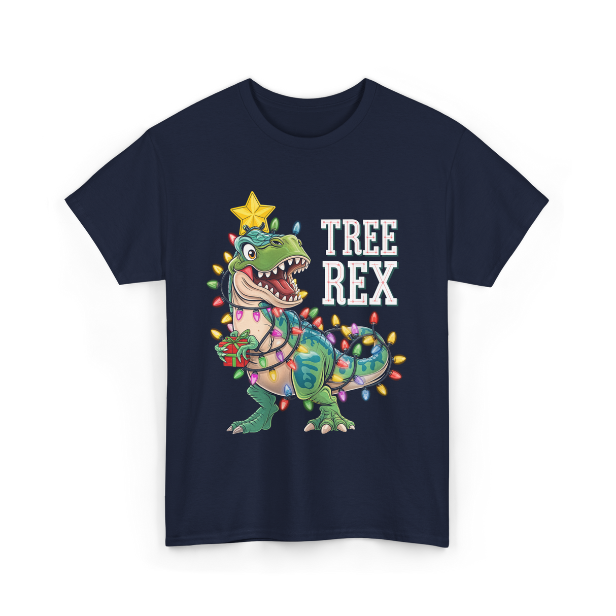 Tree Rex Dinosaur Christmas Lights T-Shirt - Navy