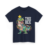 Tree Rex Dinosaur Christmas Lights T-Shirt - Navy