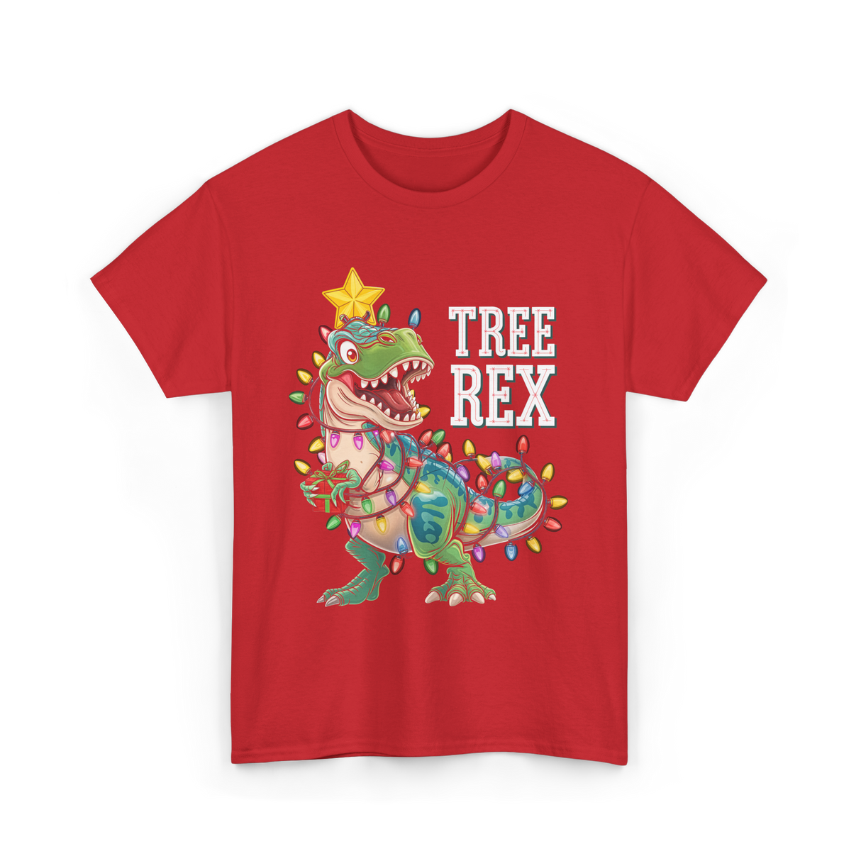 Tree Rex Dinosaur Christmas Lights T-Shirt - Red