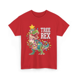 Tree Rex Dinosaur Christmas Lights T-Shirt - Red