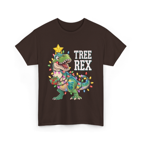 Tree Rex Dinosaur Christmas Lights T-Shirt - Dark Chocolate