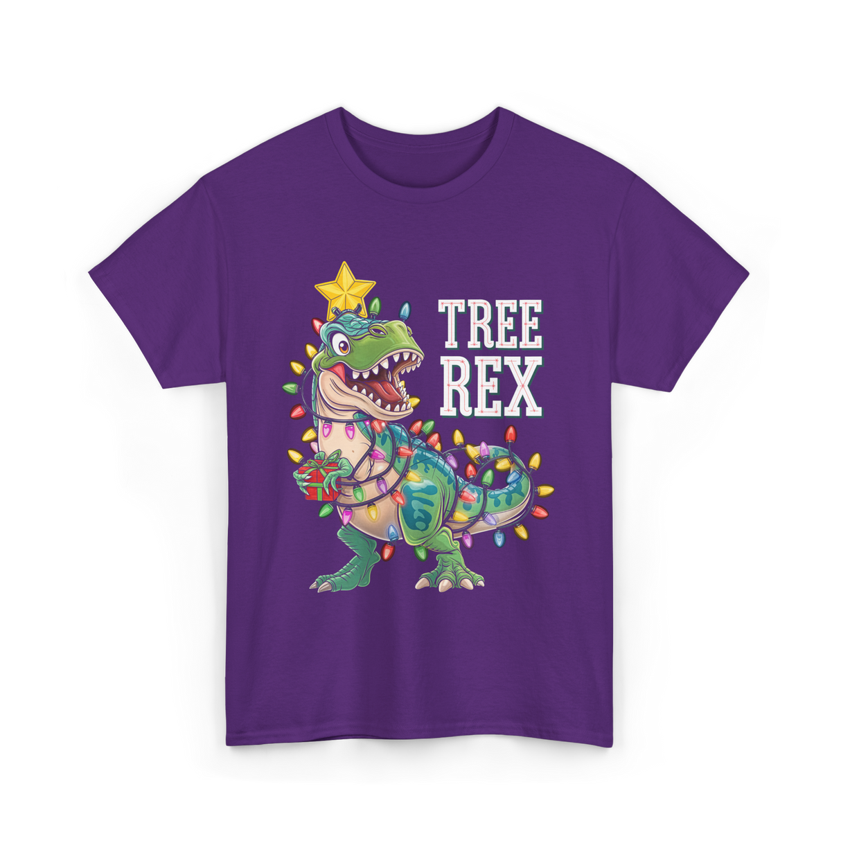 Tree Rex Dinosaur Christmas Lights T-Shirt - Purple