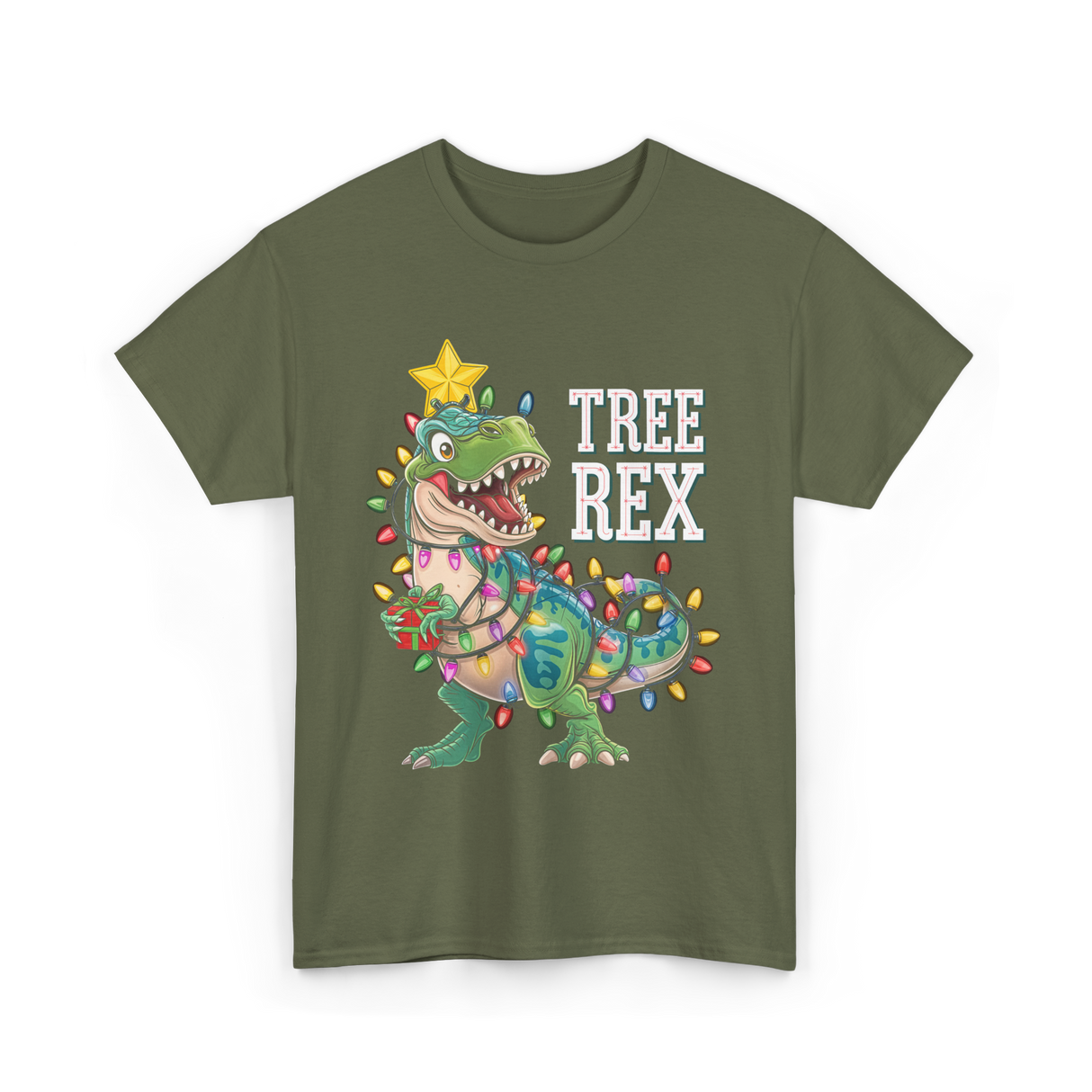 Tree Rex Dinosaur Christmas Lights T-Shirt - Military Green