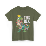 Tree Rex Dinosaur Christmas Lights T-Shirt - Military Green