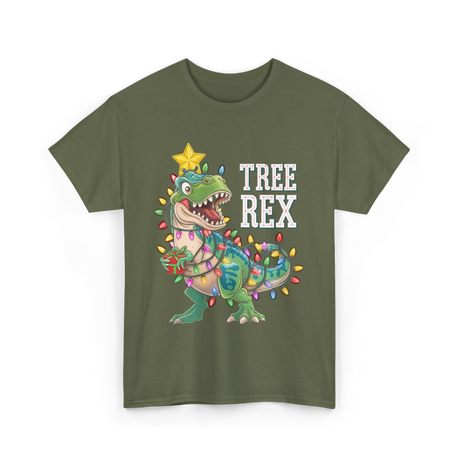 Tree Rex Dinosaur Christmas Lights T-Shirt - Military Green