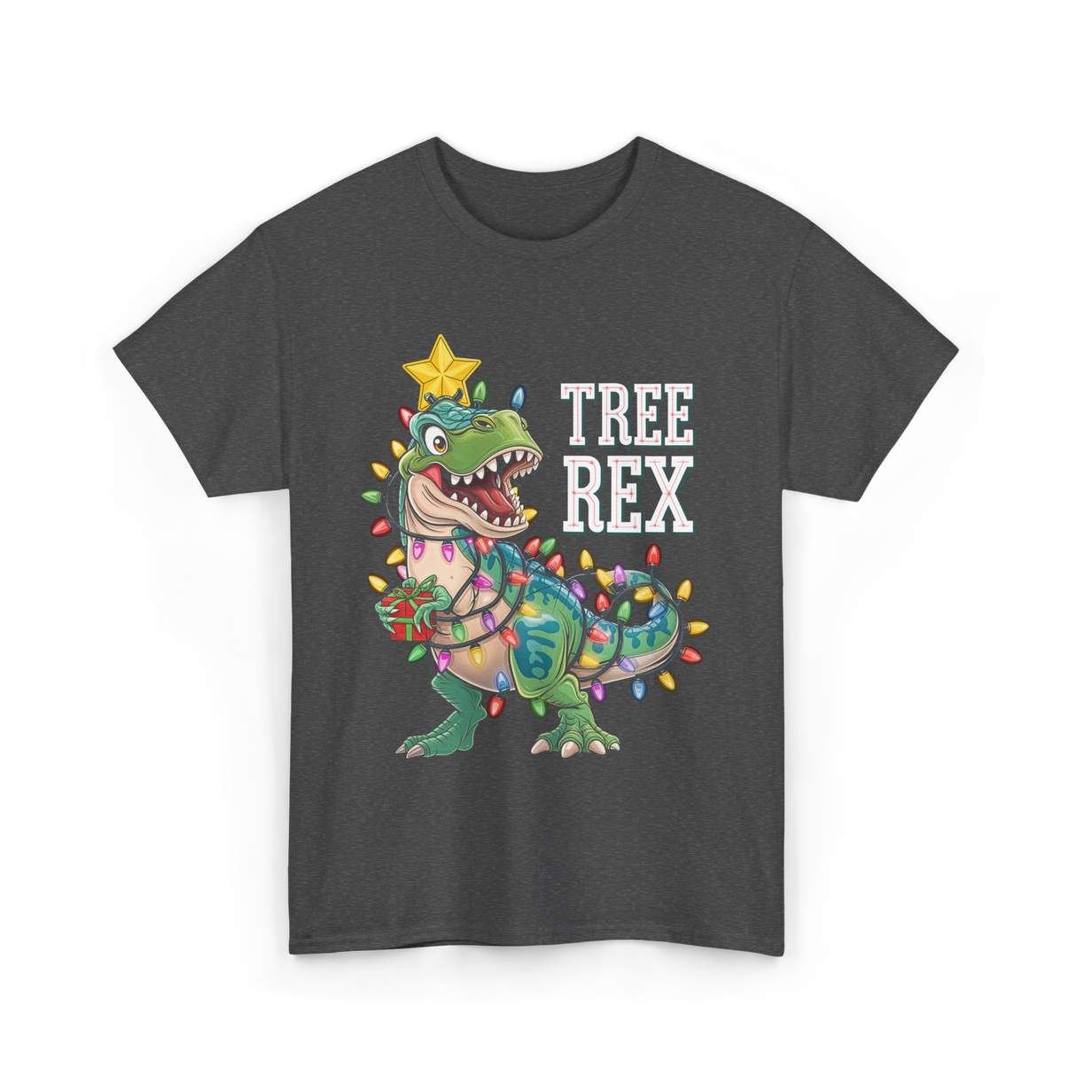 Tree Rex Dinosaur Christmas Lights T-Shirt - Dark Heather