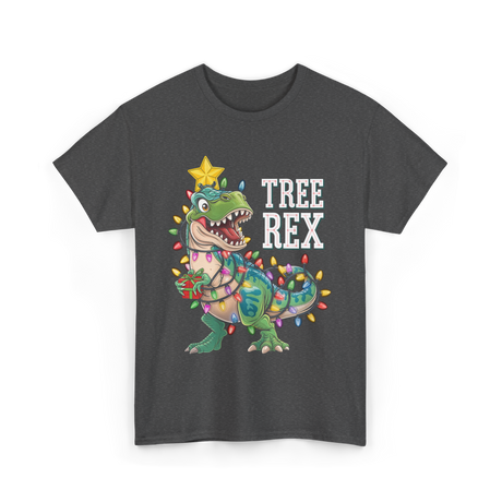 Tree Rex Dinosaur Christmas Lights T-Shirt - Dark Heather