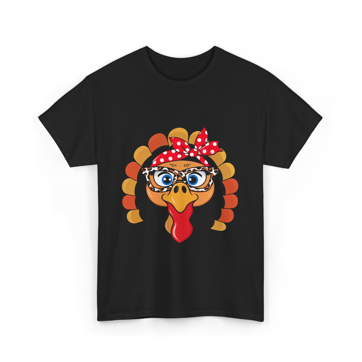 Turkey Face Leopard Print Thanksgiving T-Shirt - Black