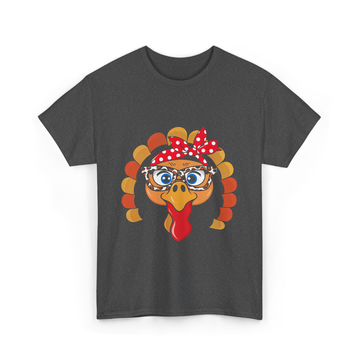 Turkey Face Leopard Print Thanksgiving T-Shirt - Dark Heather