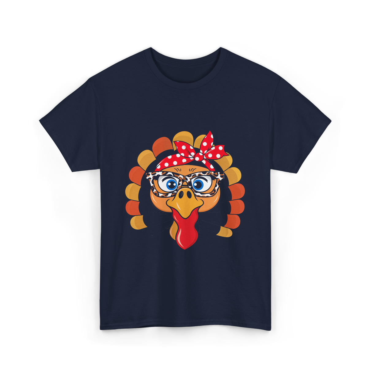 Turkey Face Leopard Print Thanksgiving T-Shirt - Navy