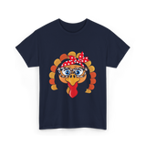 Turkey Face Leopard Print Thanksgiving T-Shirt - Navy