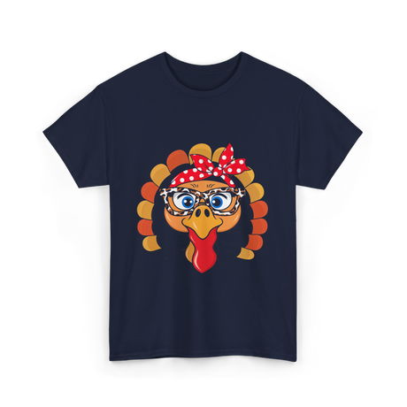 Turkey Face Leopard Print Thanksgiving T-Shirt - Navy