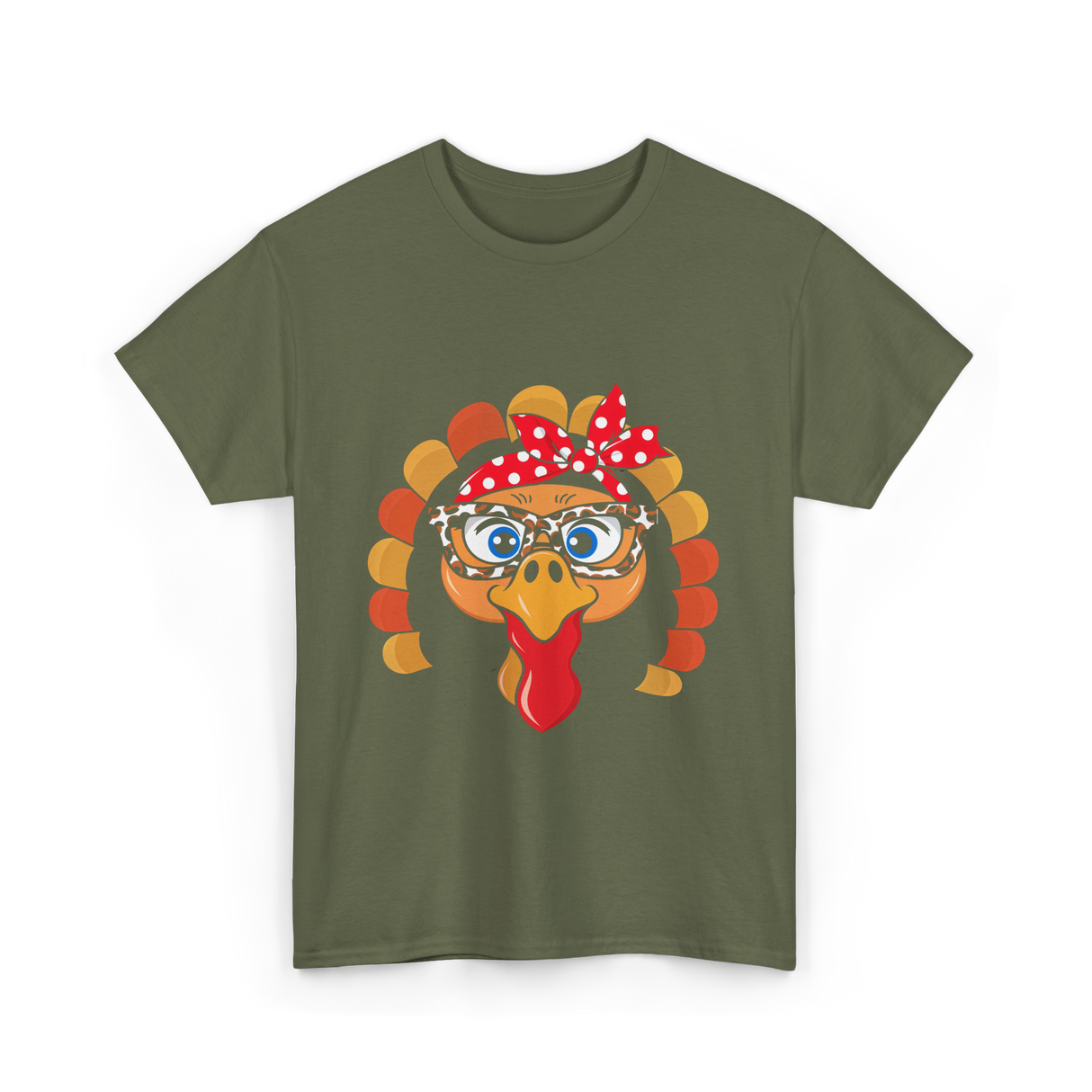 Turkey Face Leopard Print Thanksgiving T-Shirt - Military Green