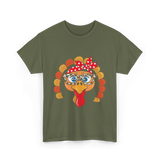 Turkey Face Leopard Print Thanksgiving T-Shirt - Military Green